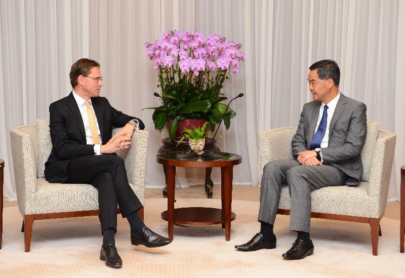 The Chief Executive, Mr C Y Leung (right), meets the visiting Vice President for Jobs, Growth, Investment and Competitiveness of the European Commission, Mr Jyrki Katainen (left), this afternoon (July 14) at the Chief Executive's Office to exchange views on issues of mutual concern.