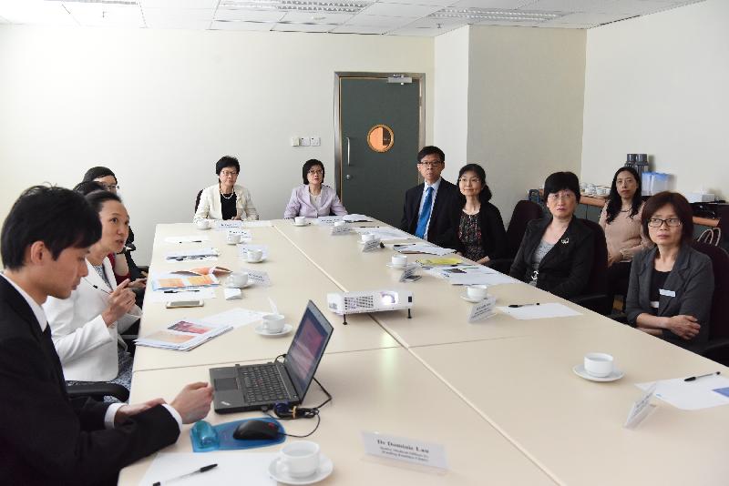 The Chief Secretary for Administration, Mrs Carrie Lam (seventh right), visited the Department of Health (DH) this morning (July 20). Photo shows Mrs Lam attending a meeting with senior officials of the DH during which she was given an introduction on the department’s key work areas, as well as the services provided by the Fanling Health Centre. Joining the meeting were the Director of Health, Dr Constance Chan (sixth right); the Controller of the Centre for Health Protection, Dr Leung Ting-hung (fifth right); the Consultant Paediatrician (Child Assessment Service), Dr Florence Lee (fourth right); the Assistant Director (Administration and Policy), Miss Winnie Cheng (third right); the Senior Medical and Health Officer of the Fanling Child Assessment Centre, Dr Estella Woo (first right); the Consultant (Family Medicine), Dr Cecilia Fan (second left); and the Senior Medical and Health Officer of the Fanling Families Clinic, Dr Dominic Lau (first left).
