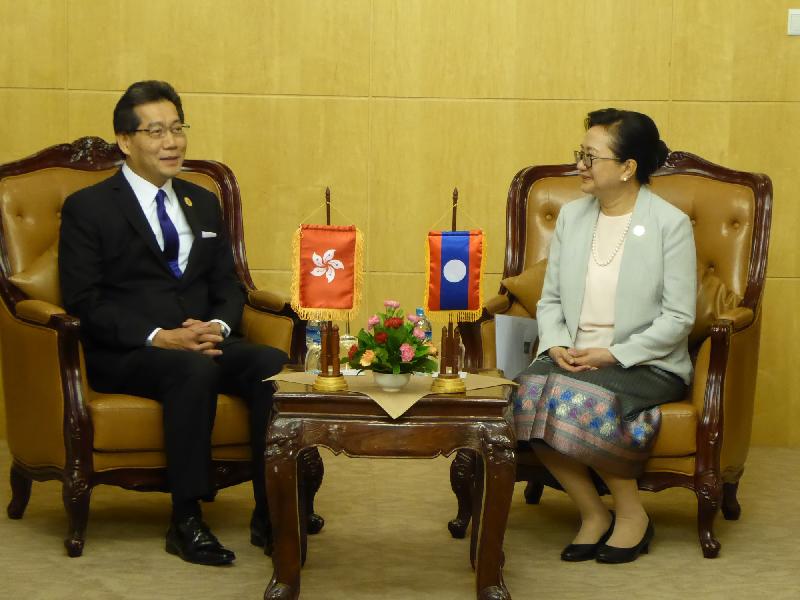 The Secretary for Commerce and Economic Development, Mr Gregory So (left), holds a bilateral meeting with the Minister of Industry and Commerce of Laos, Mrs Khemmani Pholsena, in Laos today (August 6) before he attends the 1st ASEAN Economic Ministers – Hong Kong, China Consultations.