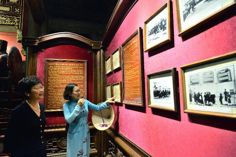 The Chief Secretary for Administration, Mrs Carrie Lam (left), visits the Temple of Literature in Hanoi, Vietnam, today (August 18) to learn more about the preservation of historical and heritage sites and buildings in Vietnam.