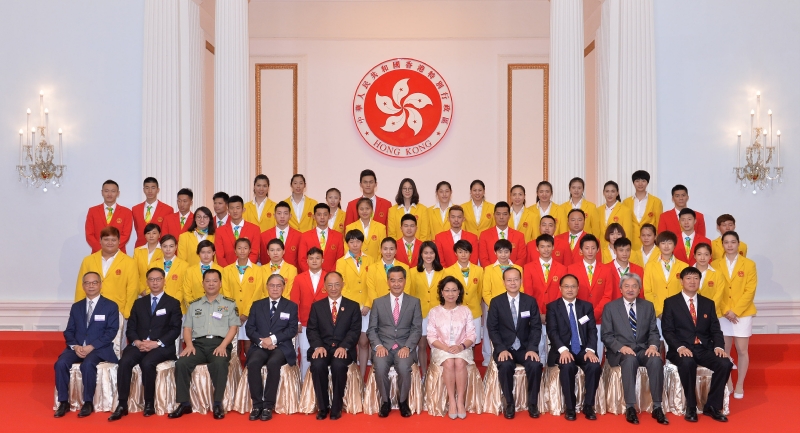 The Chief Executive, Mr C Y Leung, hosted a reception for the visiting delegation of Rio Olympic Games Mainland Olympians today (August 27) at Government House. Picture shows Mr and Mrs Leung (front row, sixth left and front row, seventh left); the Minister of the General Administration of Sport of China, Mr Liu Peng (front row, fifth left); the Deputy Minister of the Liaison Office of the Central People's Government in the Hong Kong Special Administrative Region (HKSAR), Mr Yang Jian (front row, fourth right); the President of the Sports Federation & Olympic Committee of Hong Kong, China (SF&OC), Mr Timothy Fok (front row, fourth left); the Deputy Commissioner of the Office of the Commissioner of the Ministry of Foreign Affairs of the People's Republic of China in the HKSAR, Mr Hu Jianzhong (front row, third right); the Financial Secretary, Mr John C Tsang (front row, second right); the Secretary for Justice, Mr Rimsky Yuen, SC (front row, second left); the Secretary for Home Affairs, Mr Lau Kong-wah (front row, first left); and other guests with the delegation.