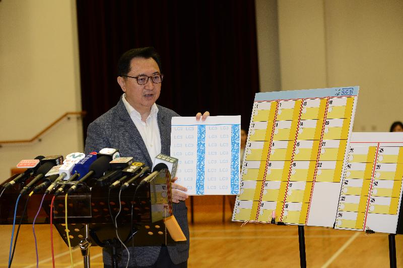 The Chairman of the Electoral Affairs Commission, Mr Justice Barnabas Fung Wah, introduces the special features of the ballot papers for geographical constituencies and the District Council (second) functional constituency today (August 28).