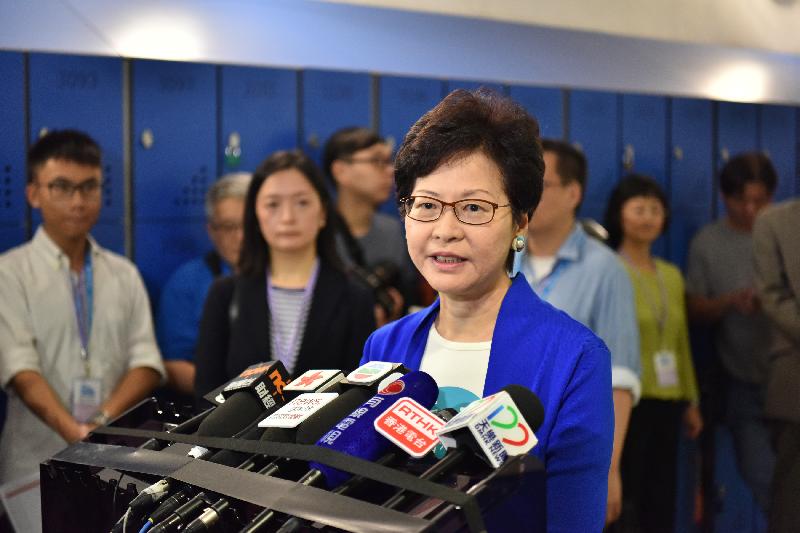 The Chief Secretary for Administration, Mrs Carrie Lam, meets the media after casting her votes in the 2016 Legislative Council General Election at the German Swiss International School Peak Campus this morning (September 4).