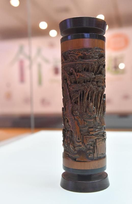 The exhibition "Living with Bamboo: Museum of Art is Here" is displaying an incense holder carved in openwork with the scene "The Seven Sages of the Bamboo Grove" from the Qing dynasty. (donated by Dr Ip Yee).