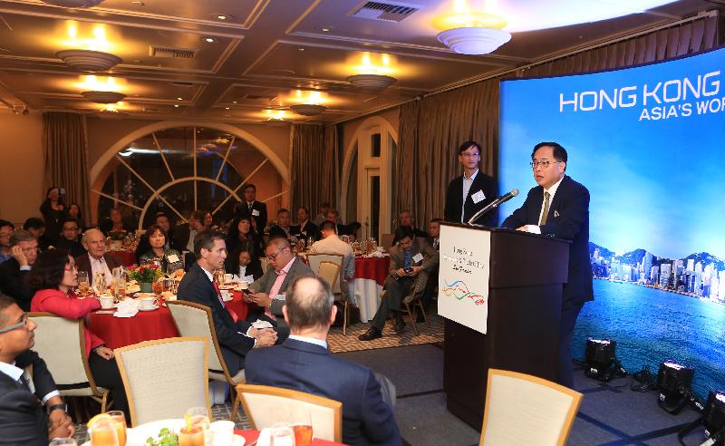 The Secretary for Innovation and Technology, Mr Nicholas W Yang, delivers a speech entitled "Innovation and Technology: The New Economic Driver for Hong Kong" at a dinner hosted by the Hong Kong Economic and Trade Office in San Francisco this evening (October 3, San Francisco time).