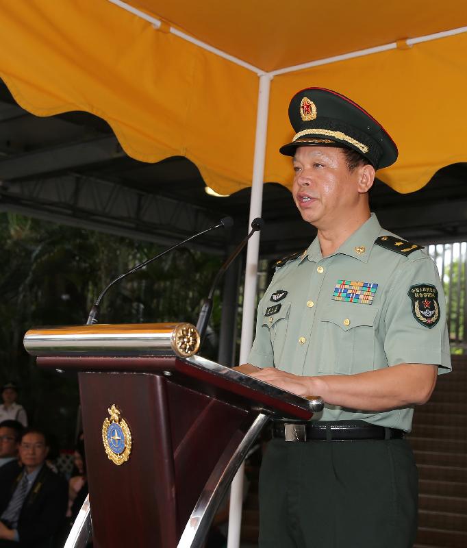 The Deputy Commander of the Chinese People's Liberation Army Hong Kong Garrison, Major General Liao Zhengrong, addresses the Correctional Services Department (CSD) passing-out parade at the Staff Training Institute of the CSD in Stanley today (October 7).