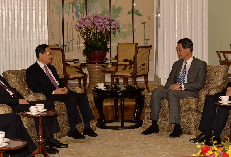 The Chief Executive, Mr C Y Leung (right), meets the visiting Chairman of Guangxi Zhuang Autonomous Region, Mr Chen Wu, at Government House today (October 12) to exchange views on issues of mutual concern.