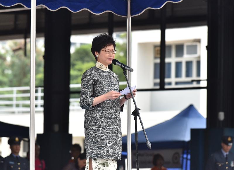 政務司司長林鄭月娥今日（十月三十日）在警察學院主持香港航空青年團成立四十五周年大匯操暨新團旗頒授儀式，並在活動上致辭。