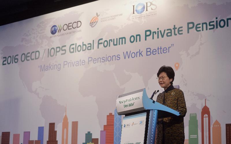 The Chief Secretary for Administration, Mrs Carrie Lam, gives a keynote speech at the Organisation for Economic Co-operation and Development/International Organisation of Pension Supervisors Global Forum on Private Pensions today (November 9).