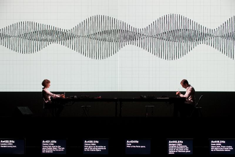 Inspired by the world of quantum mechanics, this production by Ryoji Ikeda unusually features two performers who play various non-musical instruments and interact with 21 video screens of different sizes.
