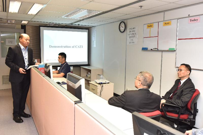 In touring the Labour Statistics Division of the Census and Statistics Department today (November 17), the Secretary for the Civil Service, Mr Clement Cheung (first right), is briefed by staff on the Quarterly Survey of Employment and Vacancies.