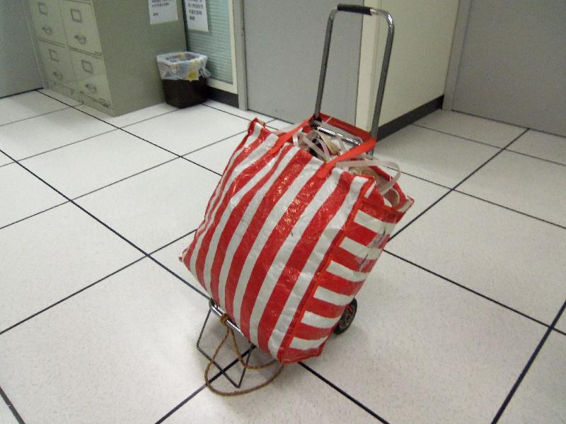 The woman carried a nylon bag with red and white stripes.