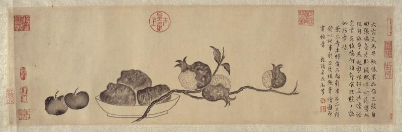 The "Lost Treasures of the Shiqu Baoji in Hong Kong - Selection of Chinese Paintings and Calligraphies from the Xubaizhai Collection, Hong Kong Museum of Art" exhibition is on view from today (November 30) at the Hong Kong Heritage Museum. Picture shows "Three fruits" by Emperor Qianlong.