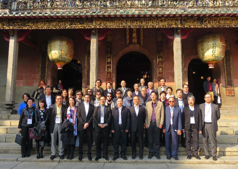 The Secretary for Home Affairs, Mr Lau Kong-wah, and a delegation of representatives from the Hong Kong Cantonese opera sector have visited Guangzhou and Foshan. Picture shows Mr Lau (front row, fifth right) and representatives at the temple of Wanfutai in Foshan on December 1.
