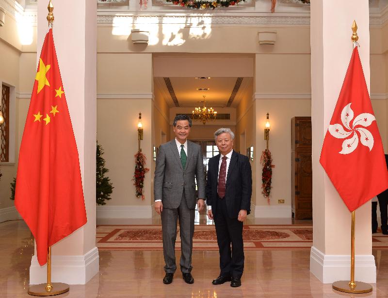 The Chief Executive, Mr C Y Leung (left), met the President of the Asian Infrastructure Investment Bank, Mr Jin Liqun (right), at Government House this afternoon (December 15) to exchange views on issues of mutual concern.