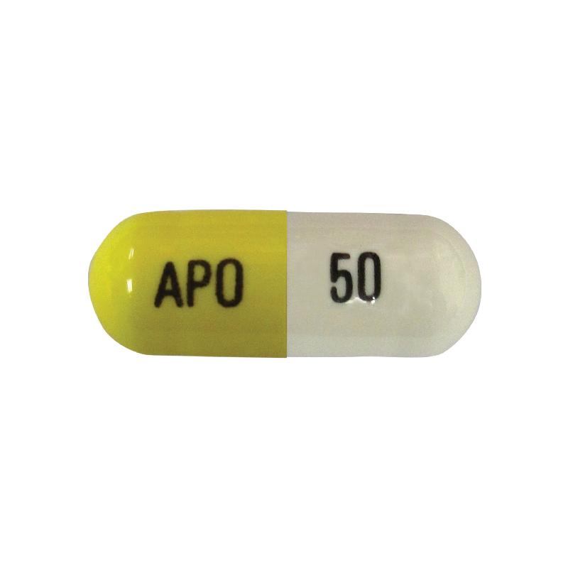 The Department of Health today (January 16) endorsed a batch recall of APO-SERTRALINE Capsules 50mg. Photo shows a 50mg capsule, which is yellow-white and printed with "APO" and "50".