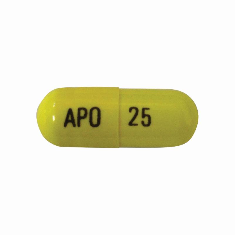 卫生署今日（一月十六日）同意回收一批次50毫克APO-SERTRALINE胶囊。图示较低剂量的25毫克APO-SERTRALINE全黄色胶囊，印有「APO」及「25」字样。