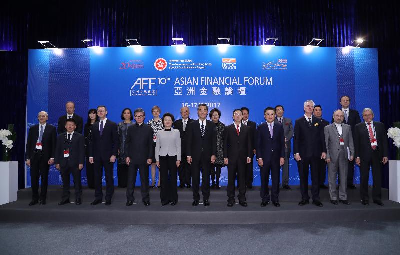 The Chief Executive, Mr C Y Leung, attended the opening ceremony of the 10th Asian Financial Forum this morning (January 16). Front row, from left: Chairperson of European Banking Authority, Mr Andrea Enria; Vice Minister for Finance of Thailand, Mr Kiatchai Sophastienphong; Minister for National Economy of Hungary, Mr Mihály Varga; Chairman of HK Trade Development Council (HKTDC), Mr Vincent Lo; Deputy Director of Liaison Office of the Central People's Government in the HKSAR Ms Qiu Hong; Mr Leung; Deputy Managing Director of International Monetary Fund Mr Zhang Tao; Secretary for Financial Services and the Treasury, Professor K C Chan; Economic Secretary to the Treasury of the United Kingdom, Mr Simon Kirby; Vice Minister of Economic Affairs & Finance of Iran & President of the Organization for Investment, Economic & Technical Assistance of Iran, Dr Mohammad Khazaee; and Managing Director of European Stability Mechanism, Mr Klaus Regling. Back row, from left: CEO of Securities & Futures Commission (SFC), Mr Ashley Alder; Executive Director of HKTDC, Ms Margaret Fong; Chief Executive of Greater China, HSBC Ltd, Ms Helen Wong; First Deputy Governor of Bank of Russia, Ms Ksenia Yudaeva; Chairman of HK Exchanges & Clearing Ltd, Mr Chow Chung-kong; Chairman of Financial Services Development Council, Mrs Laura M Cha; Senior Deputy Governor of Bank Indonesia, Mr Mirza Adityaswara; Chairman of SFC, Mr Carlson Tong; Permanent Secretary for Financial Services and the Treasury (Financial Services), Mr Andrew Wong; and Chairman of Dubai Financial Services Authority, Mr Saeb Eigner.