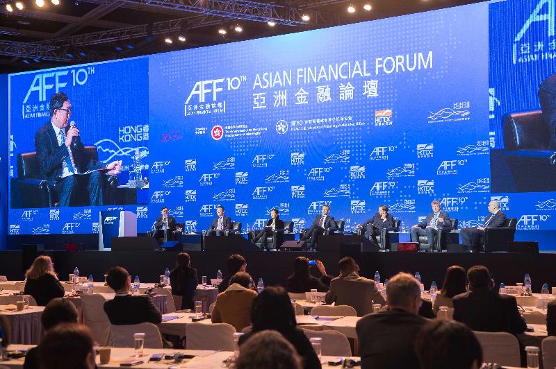 The Hong Kong Monetary Authority (HKMA) Infrastructure Financing Facilitation Office organised two infrastructure investment and financing events at the 10th Asian Financial Forum today (January 17). Photo shows the Chief Executive of the HKMA, Mr Norman Chan (first left), moderating a panel discussion with (from second left) the Director General of the Department of International Economic Relations of the Ministry of Finance, Mr Liu Jian; the Head of Asia Pacific of the Canada Pension Plan Investment Board, Ms Suyi Kim; the Chief Executive Officer of Macquarie Group Asia, Mr Ben Way; the Executive Director and Chief Financial Officer of CLP Holdings Limited, Mr Geert Peeters; the Group General Manager and Head of Global Banking and Markets, Asia-Pacific of the Hongkong and Shanghai Banking Corporation, Mr Gordon French; and the Governor of Astana International Financial Centre, Mr Kairat Kelimbetov.
