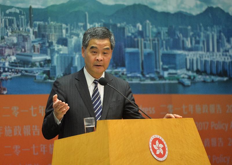 The Chief Executive, Mr C Y Leung, hosted a press conference on the 2017 Policy Address this afternoon (January 18) at Central Government Offices, Tamar. Picture shows Mr Leung responding to questions at the press conference.