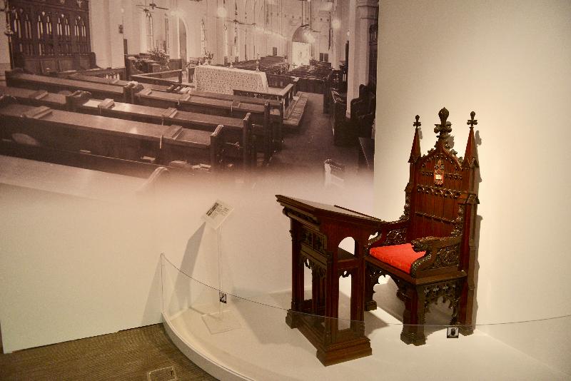 The "Reminiscences: Life in Hong Kong's Built Heritage" exhibition was launched today (January 19) at the Hong Kong Heritage Discovery Centre. Photo shows the first-generation Bishop's Throne of St John's Cathedral.