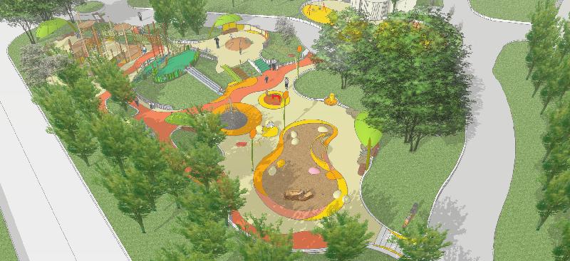 康乐及文化事务署实施优化公园设施的措施，当中包括正在屯门公园进行的共融游乐场兴建工程。图示共融游乐场的设计，分别将「水」及「沙」两大主题元素纳入整个设计中，将会是适合不同年龄及能力儿童共同使用的游乐场设施，预计可于今年年底前分阶段启用。