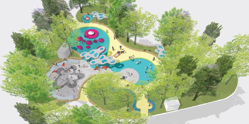 康樂及文化事務署實施優化公園設施的措施，當中包括正在屯門公園進行的共融遊樂場興建工程。圖示共融遊樂場的設計，分別將「水」及「沙」兩大主題元素納入整個設計中，將會是適合不同年齡及能力兒童共同使用的遊樂場設施，預計可於今年年底前分階段啟用。