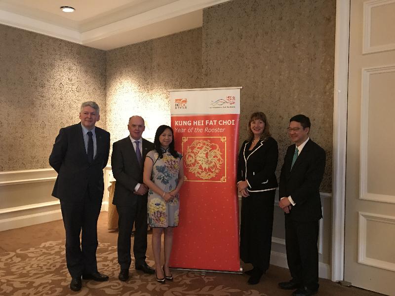 The Economic and Trade Office in Brussels hosted a Chinese New Year luncheon in Dublin, Ireland, today (January 27, Dublin time). In the photo are (from left) the President of Dublin Chamber of Commerce, Mr Derry Gray; the Chairman of the Ireland Hong Kong Business Forum, Mr Liam Kavanagh; the Special Representative for Hong Kong Economic and Trade Affairs to the European Union, Ms Shirley Lam; the Chief Executive Officer of Dublin Chamber of Commerce, Ms Mary Rose Burke; and the Regional Director Europe of the Hong Kong Trade Development Council, Mr William Chui. 