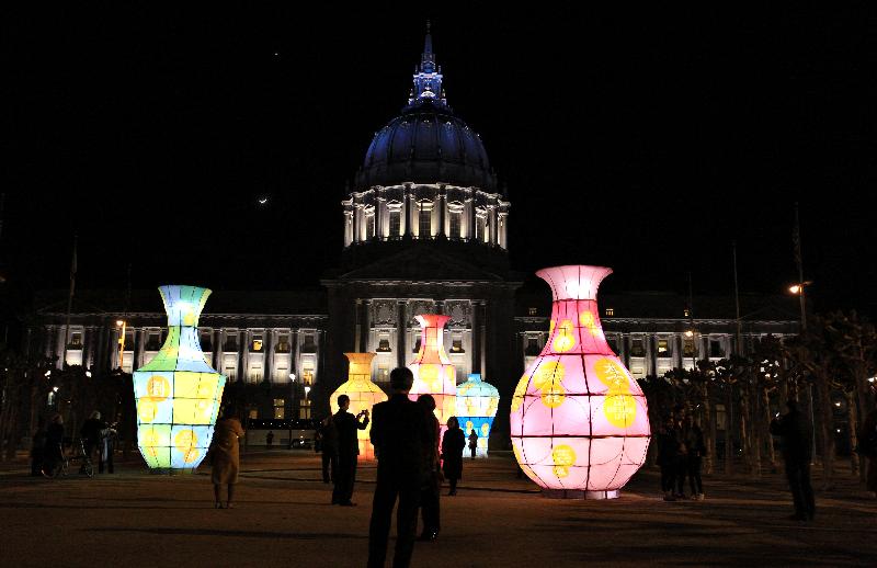 Vase-shaped bamboo sculptures lit up the Civic Center Plaza in San Francisco.