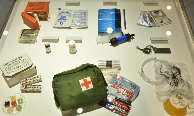 The opening ceremony of the "Inspiration – Dreams Come True" exhibition was held today (February 9) at the Hong Kong Science Museum. Photo shows the emergency survival kit of aircraft "Inspiration". 

