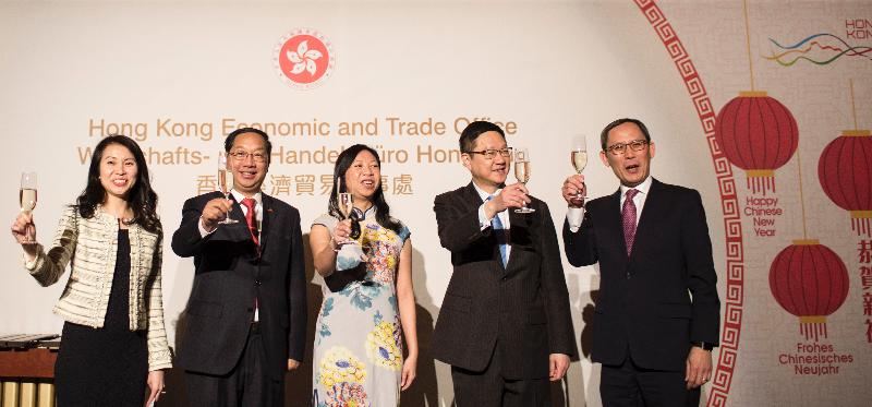 The Hong Kong Economic and Trade Office, Berlin (HKETO Berlin) held a Chinese New Year Reception in Berlin on February 13. Picture shows (from left) the Director of HKETO Berlin, Ms Betty Ho; the Chinese Ambassador to Germany, Mr Shi Mingde; the Special Representative for Hong Kong Economic and Trade Affairs to the European Union, Ms Shirley Lam; the Regional Director, Europe, Hong Kong Trade Development Council, Mr William Tsui; and the Head of Investment Promotion, HKETO Berlin, Dr Wing Hin-chung.