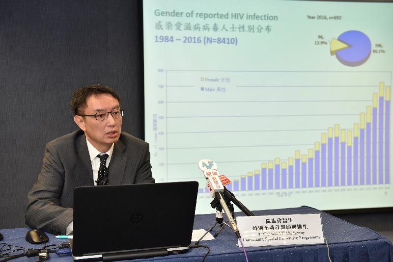 The Consultant (Special Preventive Programme) of the Centre for Health Protection of the Department of Health, Dr Kenny Chan, reviewed the local Human Immunodeficiency Virus/Acquired Immune Deficiency Syndrome situation in 2016 at a press conference today (February 28).