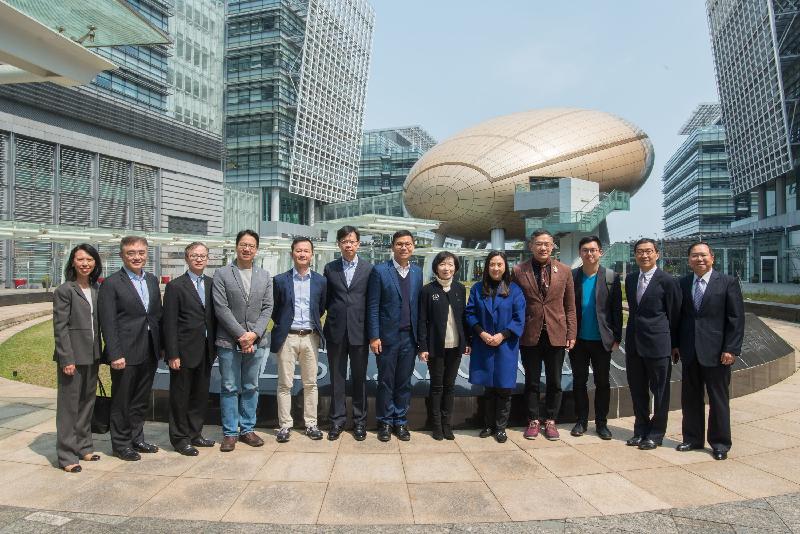 The Legislative Council Panel on Information Technology and Broadcasting conducted a site visit today (March 3) to the Hong Kong Science Park (Science Park) to gain understanding of the Government's efforts in promoting the development of innovation and technology in Hong Kong. Pictured at the Science Park are (from third left) the Under Secretary for Innovation and Technology, Dr David Chung; Legislative Council Members Mr Charles Mok, Mr Chan Chi-chuen, Mr Chan Chun-ying and Mr Chan Han-pan; the Chairperson of the Hong Kong Science and Technology Parks Corporation (HKSTP), Mrs Fanny Law; Legislative Council Members Dr Elizabeth Quat, Mr Paul Tse and Mr Ho Kai-ming; and the Chief Executive Officer of the HKSTP, Mr Albert Wong.