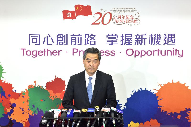 The Chief Executive, Mr C Y Leung, meets the media in Beijing this afternoon (March 13).