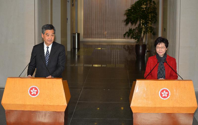 The Chief Executive, Mr C Y Leung (left), and the Chief Executive-elect, Mrs Carrie Lam (right), meet the media after their meeting at the Chief Executive's Office this morning (March 27).