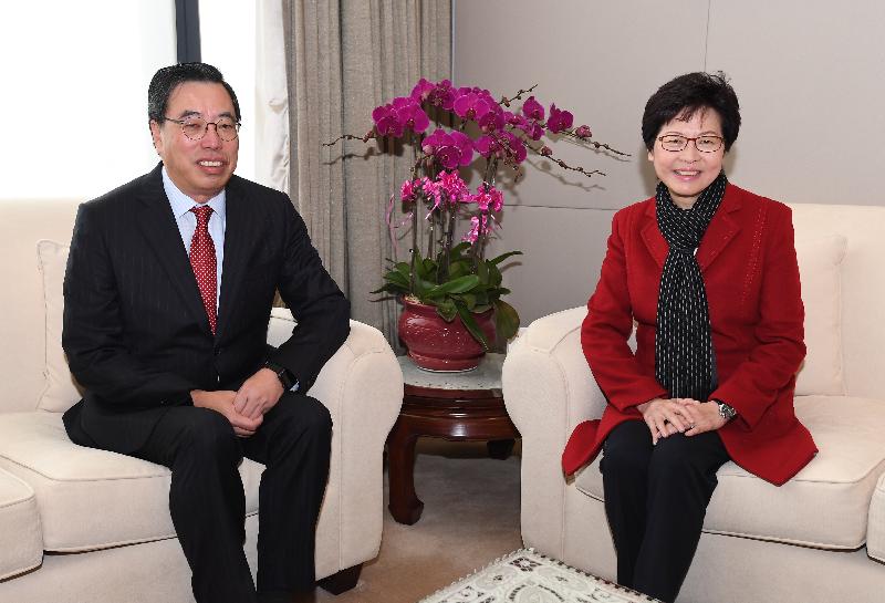 The Chief Executive-elect, Mrs Carrie Lam (right), paid a courtesy call on the President of the Legislative Council, Mr Andrew Leung (left), at the Legislative Council Complex this morning (March 27).