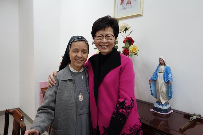The Chief Executive-elect, Mrs Carrie Lam (right), visits Sister Marie Remedios, her secondary school teacher and former principal of St Francis' Canossian College, in the afternoon today (March 28).