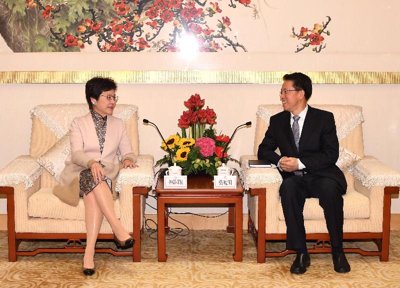 The Chief Executive-elect, Mrs Carrie Lam (left), pays a courtesy call on the Director of the Liaison Office of the Central People's Government in the Hong Kong Special Administrative Region, Mr Zhang Xiaoming, this afternoon (March 29).