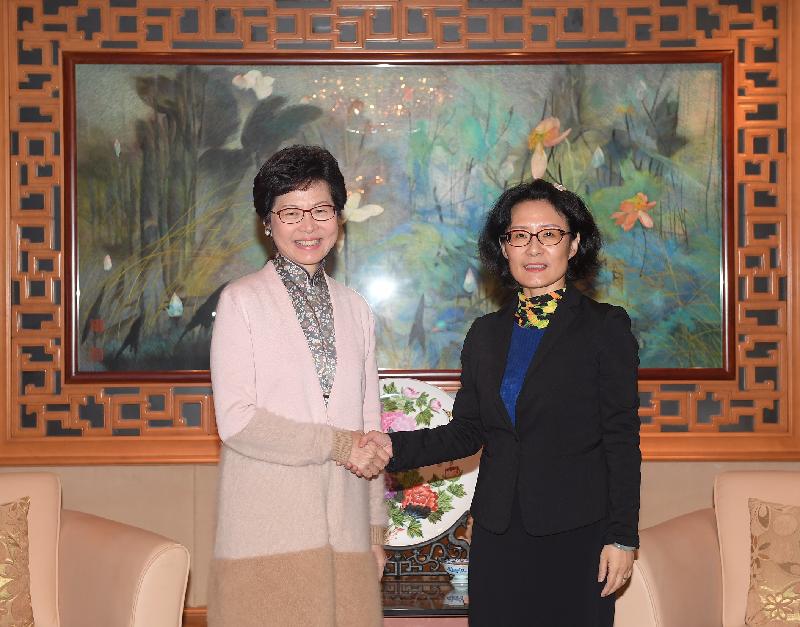 The Chief Executive-elect, Mrs Carrie Lam (left), pays a courtesy call on the Acting Commissioner of the Office of the Commissioner of the Ministry of Foreign Affairs of the People's Republic of China in the Hong Kong Special Administrative Region, Ms Tong Xiaoling, this afternoon (March 29).