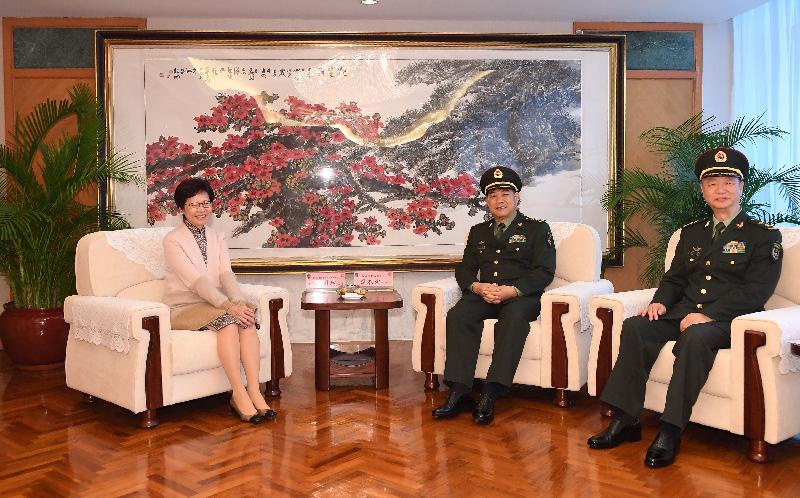 The Chief Executive-elect, Mrs Carrie Lam (left), pays a courtesy call on the Commander of the People's Liberation Army Hong Kong Garrison, Lieutenant General Tan Benhong (centre), and the Political Commissar of the People's Liberation Army Hong Kong Garrison, Lieutenant General Yue Shixin (right), this afternoon (March 29).