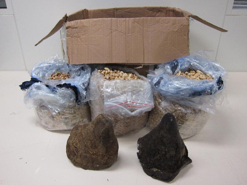 Hong Kong Customs yesterday (March 29) seized about 2.5 kilograms of suspected rhino horn, with an estimated market value of about $500,000, at the Hong Kong International Airport.