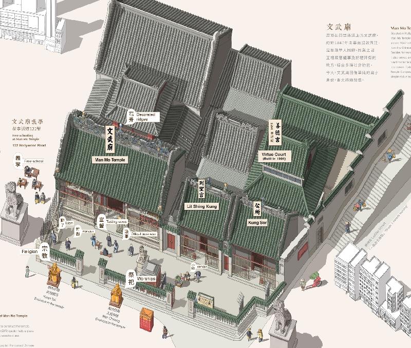 The Leisure and Cultural Services Department will hold a roving exhibition entitled "A Walk Down Two Memory Lanes" from April 7 to 13 at One International Finance Centre. Picture shows the Man Mo Temple Complex, which was declared a monument in 2010.