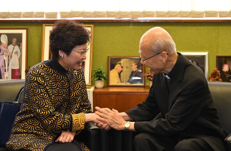 The Chief Executive-elect, Mrs Carrie Lam, shares her views with the Bishop of the Catholic Diocese of Hong Kong, Cardinal John Tong, today (April 7).