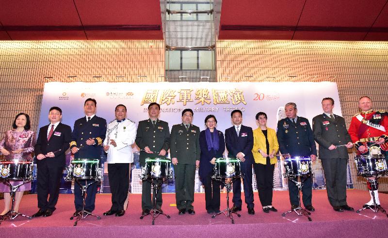 Officiating guests and representatives from various military bands and performing parties joined the launch ceremony at the press conference held today (April 12) for the "International Military Tattoo". Officiating guests included the Under Secretary for Home Affairs, Ms Florence Hui (sixth right); the Director of the Military Band of the Chinese People's Liberation Army (PLA), Senior Colonel Zou Rui (sixth left); the Artistic Director of the Military Band of the PLA, Senior Colonel Cheng Daming (fifth left); the Director of Music of the Hong Kong Police Band, Mr James Leung (fourth left); the representative of the sponsor, the General Manager of the Chief Executive's Office of Bank of China (Hong Kong) Limited, Mr Fang Yu (fifth right); and the Assistant Director of Leisure and Cultural Services (Performing Arts), Ms Elaine Yeung (fourth right). 