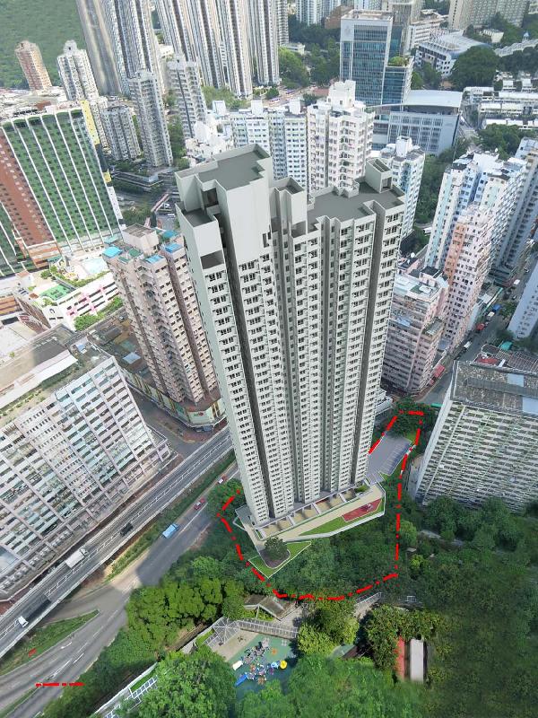 The Housing Department will better utilise slopes to build more public housing flats. Photo shows an aerial view of the subsidised sale flats development at Texaco Road, Kwai Chung, with its site boundary marked in red.