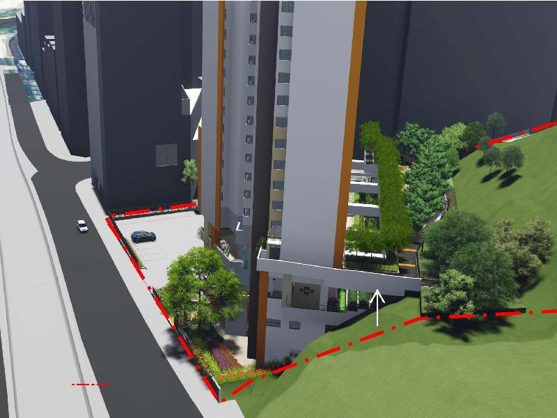 The Housing Department will better utilise slopes to build more public housing flats. Photo shows the conceptual plan of the subsidised sale flats development at Texaco Road, Kwai Chung, with an arrow indicating the landscape deck, which is formed by cutting parts of the slope.
