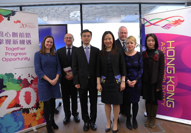The Director-General of the Hong Kong Economic and Trade Office, London (London ETO), Ms Priscilla To (centre) and Minister of the Chinese Embassy to the United Kingdom, Mr Zhu Qin (third left), are pictured with representatives of partnering and supporting organisations of London ETO's events to commemorate 20th anniversary of the establishment of the Hong Kong Special Administrative Region on April 25 (London time). They are the Chief Operating Officer of London Craft Week, Ms Marieke Syed (first left); the Regional Manager (East Asia and Americas) of the British Council, Mr Martin Daltry (second left); the Director of United Kingdom, Benelux and Ireland of the Hong Kong Trade Development Council, Mr David Marsden (third right); the Director (UK and Northern Europe) for Hong Kong Tourism Board, Ms Dawn Page (second right), and the Dean of Ming-Ai (London) Institute, Ms Li Chungwen (first right).
