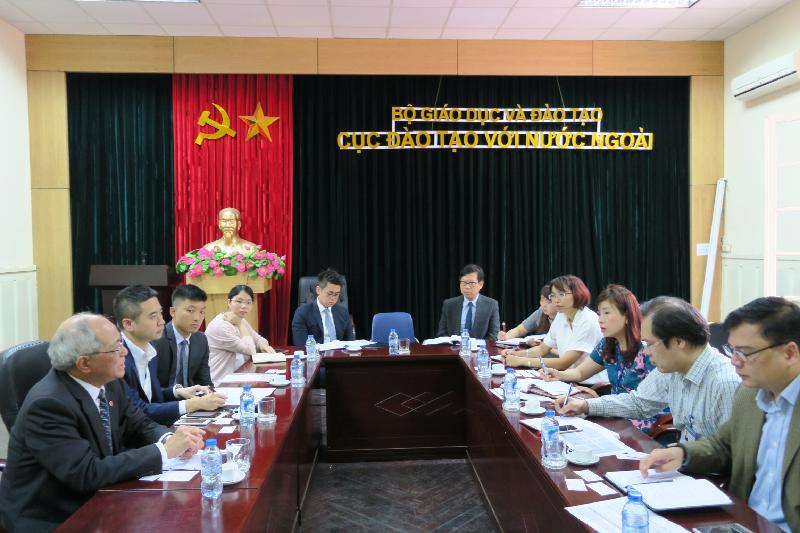 The Secretary for Education, Mr Eddie Ng Hak-kim (left), meets with the Deputy Director General of Vietnam International Education Development of Ministry of Education and Training, Dr Nguyen Thi Thanh Minh (third right), in Hanoi, Vietnam, today (April 27) to exchange views on education and manpower policies. They also agreed to follow up and work towards the objective of launching the Hong Kong Scholarship for "Belt and Road" Students (Vietnam) in the 2018/19 academic year, with a view to attracting outstanding Vietnamese students to pursue undergraduate studies in Hong Kong.
