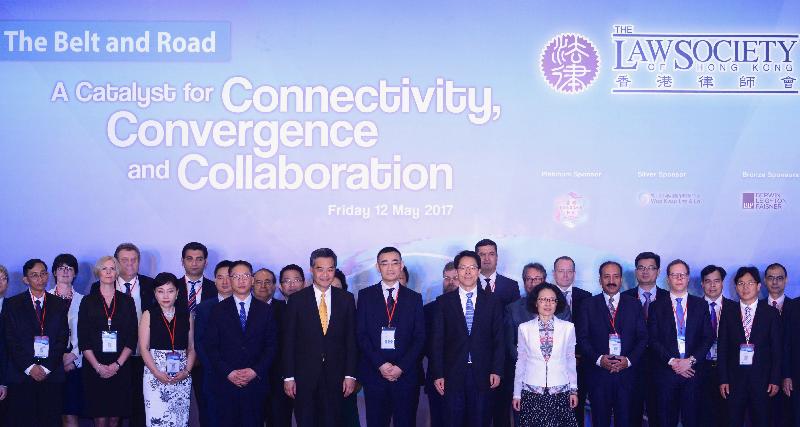 The Chief Executive, Mr C Y Leung, attended the opening ceremony of the Belt and Road Conference, organised by the Law Society of Hong Kong, today (May 12). Photo shows (first row; from left) the Secretary for Justice, Mr Rimsky Yuen, SC; Mr Leung; the President of the Law Society in Hong Kong, Mr Thomas So; the Director of the Liaison Office of the Central People's Government in the Hong Kong Special Administrative Region, Mr Zhang Xiaoming; the Acting Commissioner of the Office of the Commissioner of the Ministry of Foreign Affairs of the People's Republic of China in the Hong Kong Special Administrative Region, Ms Tong Xiaoling; and other guests at the ceremony.