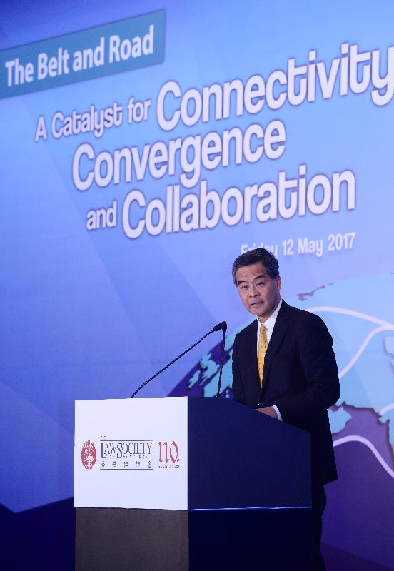 The Chief Executive, Mr C Y Leung, speaks at the opening ceremony of the Belt and Road Conference today (May 12). The conference was organised by the Law Society of Hong Kong.